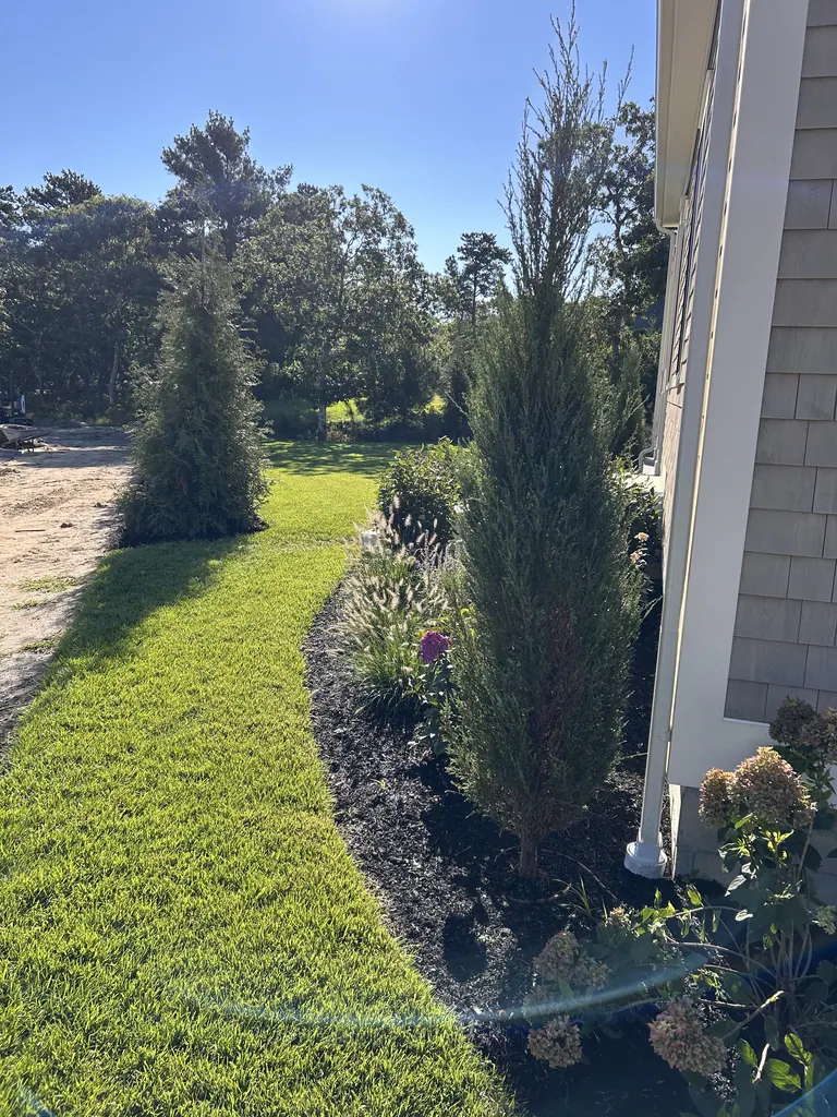 Garden bed with shrubs and flowering plants beside the finished lawn