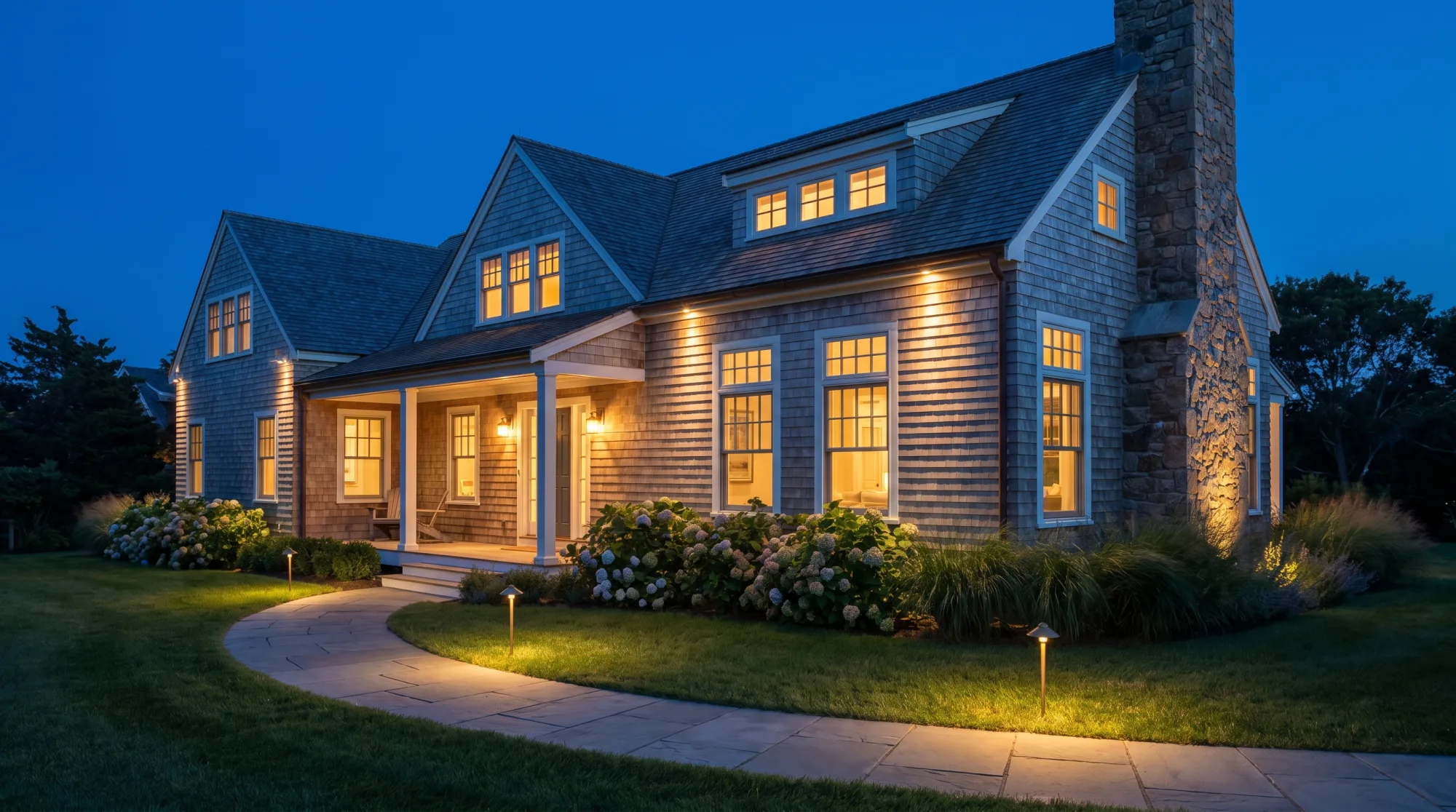 Low-voltage landscape lighting planned around a Martha's Vineyard outdoor living area