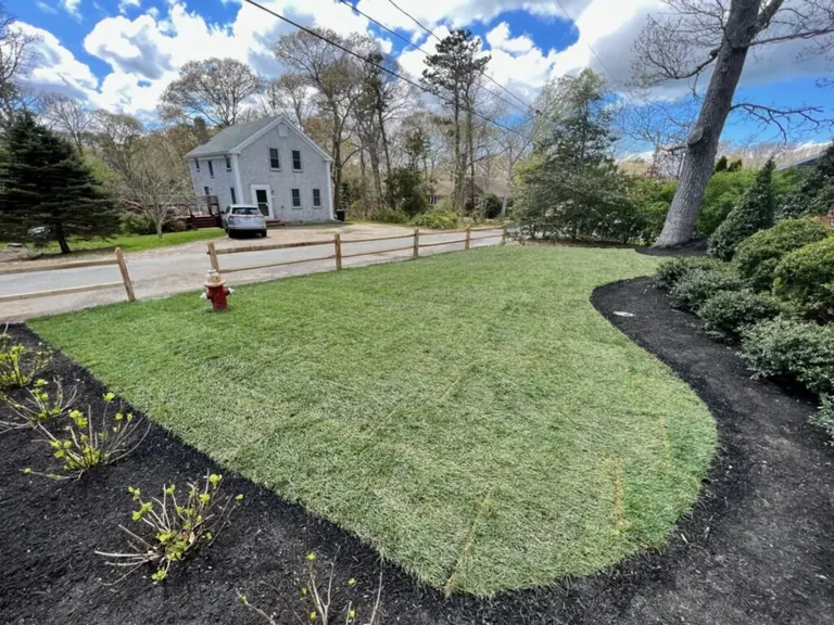 Fresh mulch applied to a curved garden bed on a Martha's Vineyard lawn