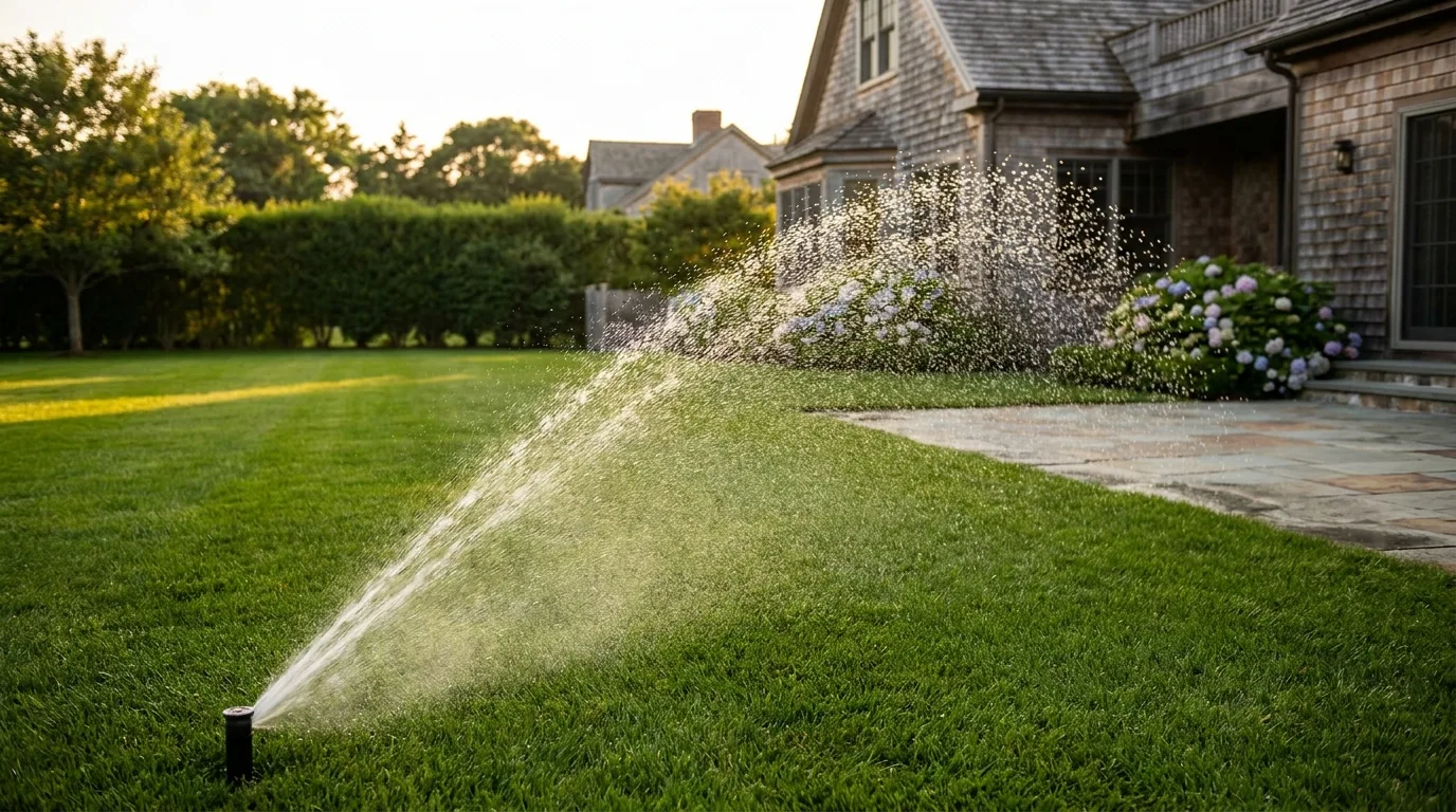 Irrigation sprinkler watering a lawn