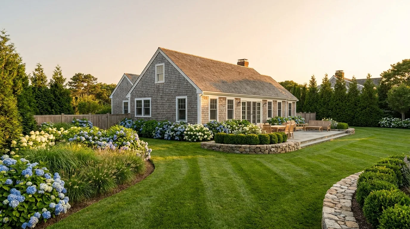Formal garden beds with white picket fence and brick path on a Martha's Vineyard property