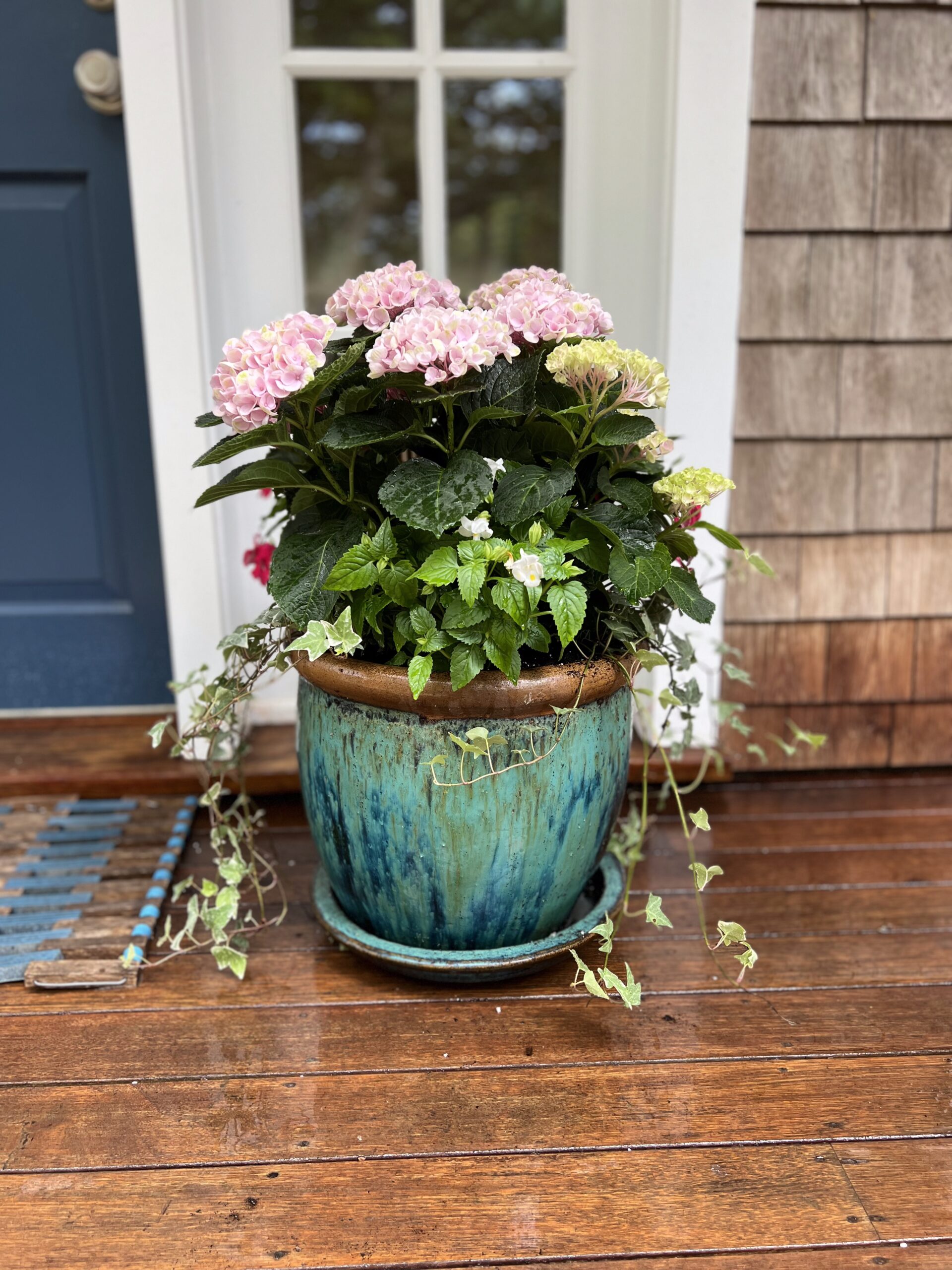 Close-up of professionally installed flower pot with seasonal flowers on Martha’s Vineyard