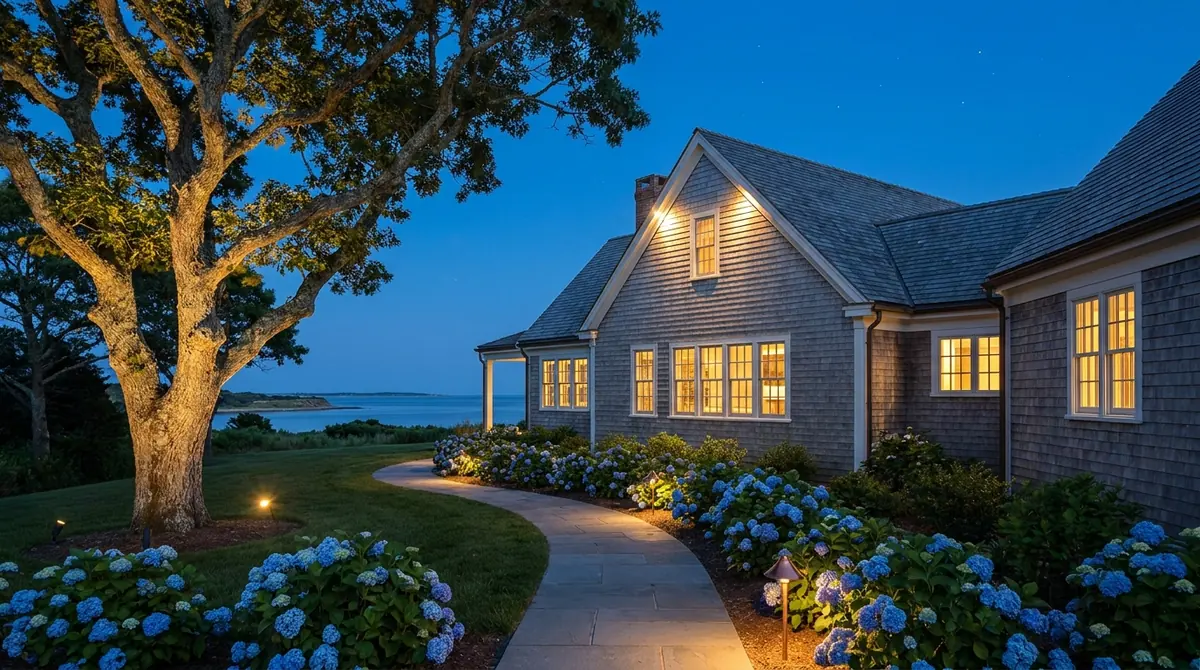 Warm landscape lighting on a shingled Martha's Vineyard home at dusk