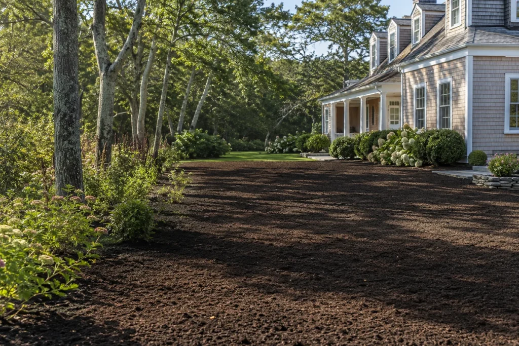 Compost top dressing applied after lawn aeration on Martha’s Vineyard