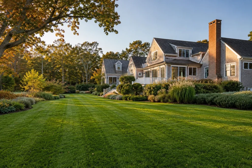 Healthy Martha’s Vineyard lawn after fall aeration and overseeding
