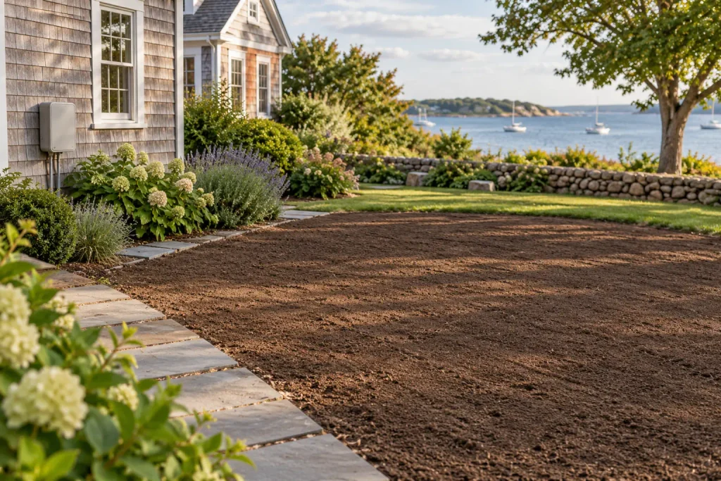 Evenly prepared lawn soil meeting a bluestone walkway before planting.