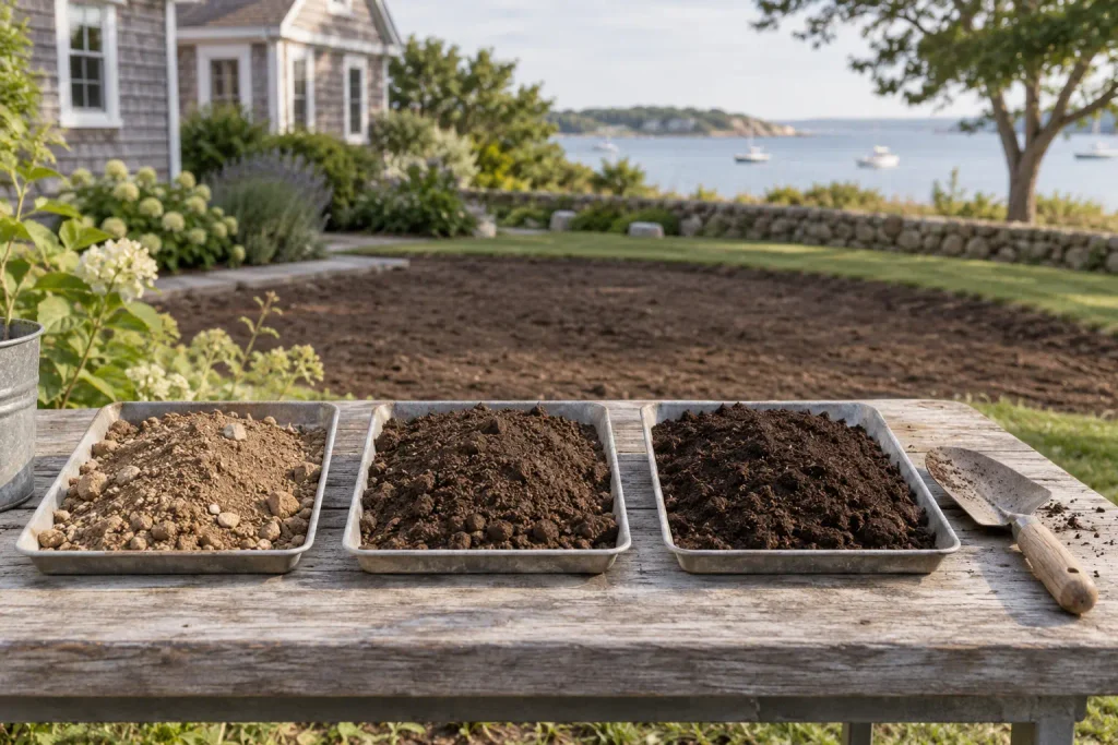 Existing soil and separate amendment samples prepared for material selection.