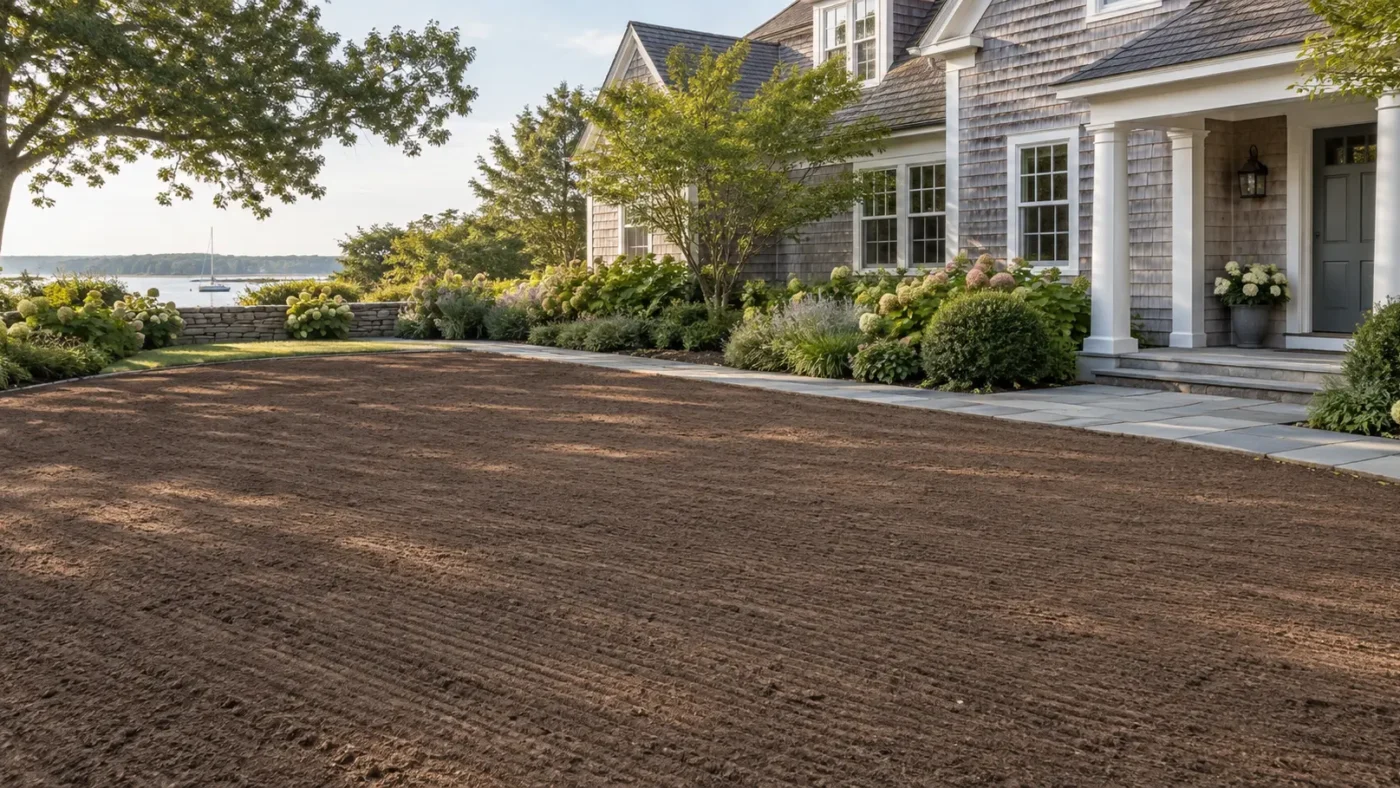 Prepared soil beside a cedar-shingle home before new lawn installation.