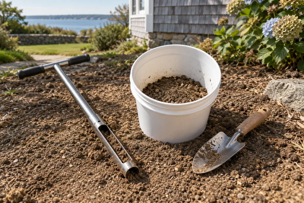 Soil sampling tools and collected soil beside a new lawn area.
