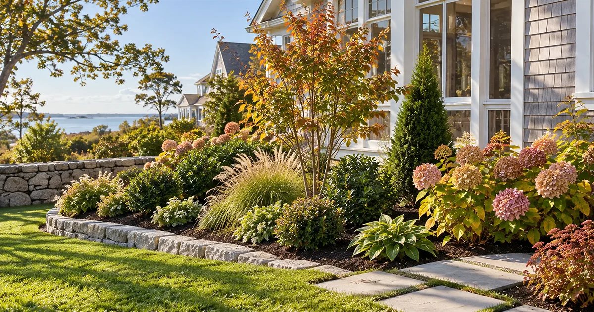 Fall planting bed with hydrangeas, ornamental grasses and evergreens beside a shingled home