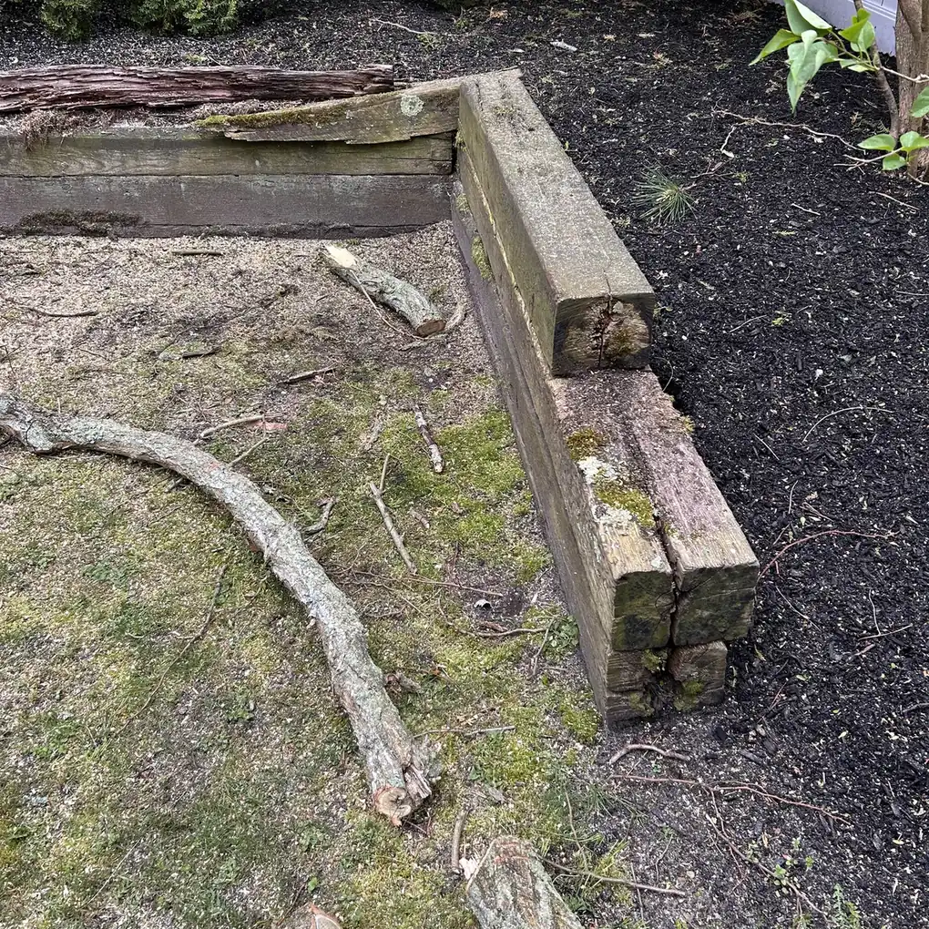 Old timber retaining wall rotting in a garden bed before replacement