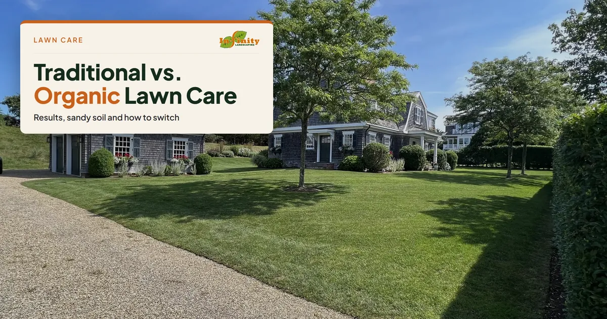 Healthy green lawn and hedge beside a shingled house and gravel drive